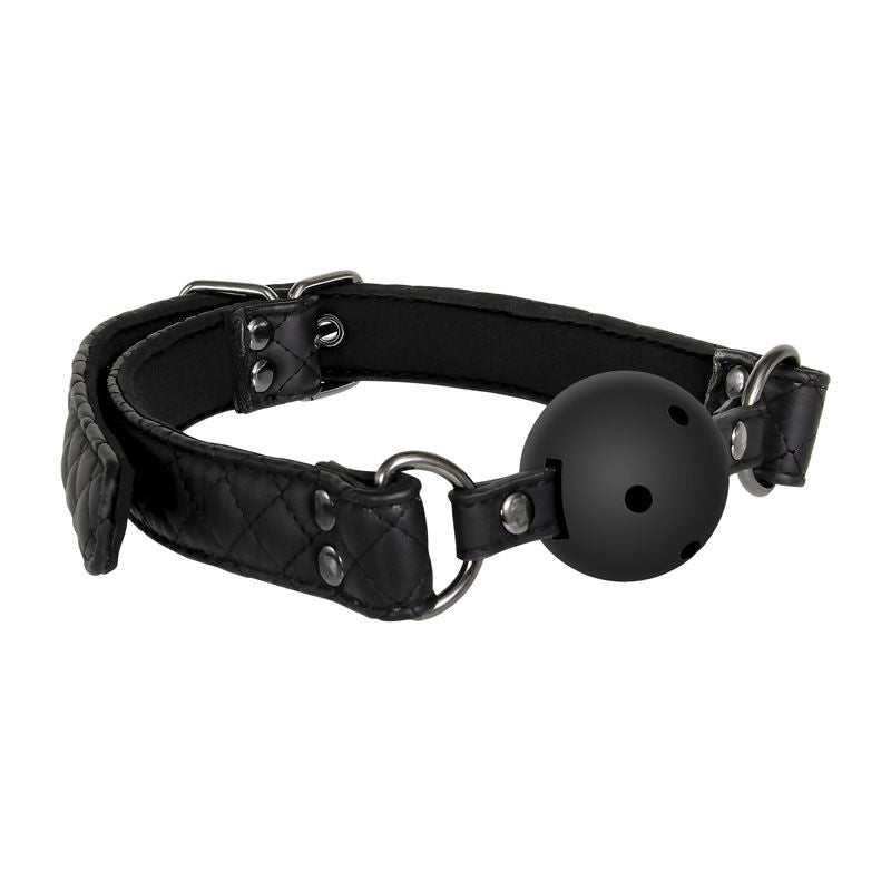 7-piece advanced bondage set in black diamond-stitched vegan leather by Adam & Eve with cuffs, collar, ball gag, leash, blindfold, paddle, and hogtie, focus on gag | Flirty bay online adult store, adult toys and lingerie